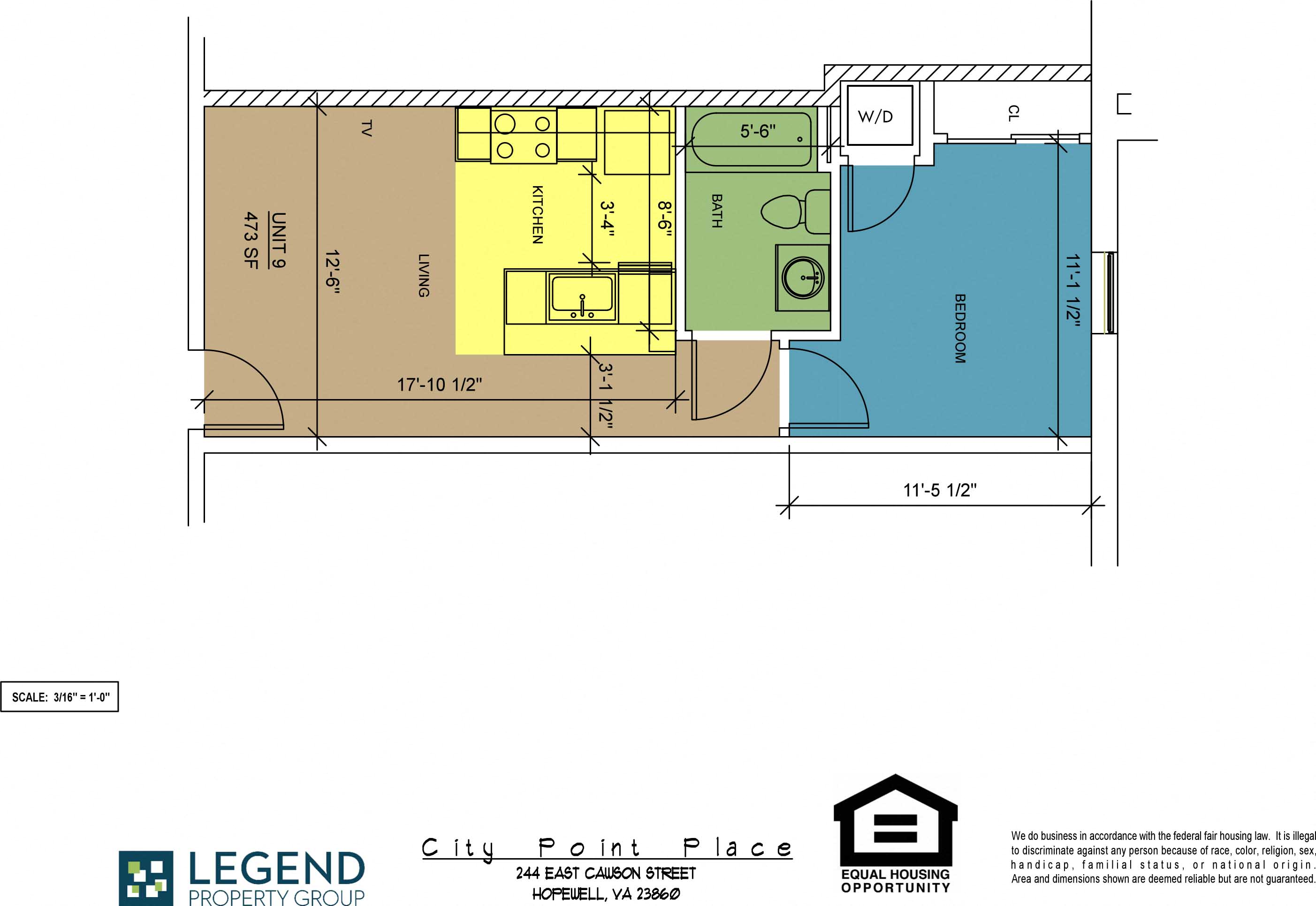 Floor plan for 1 bed, 1 bath, 473 sqft